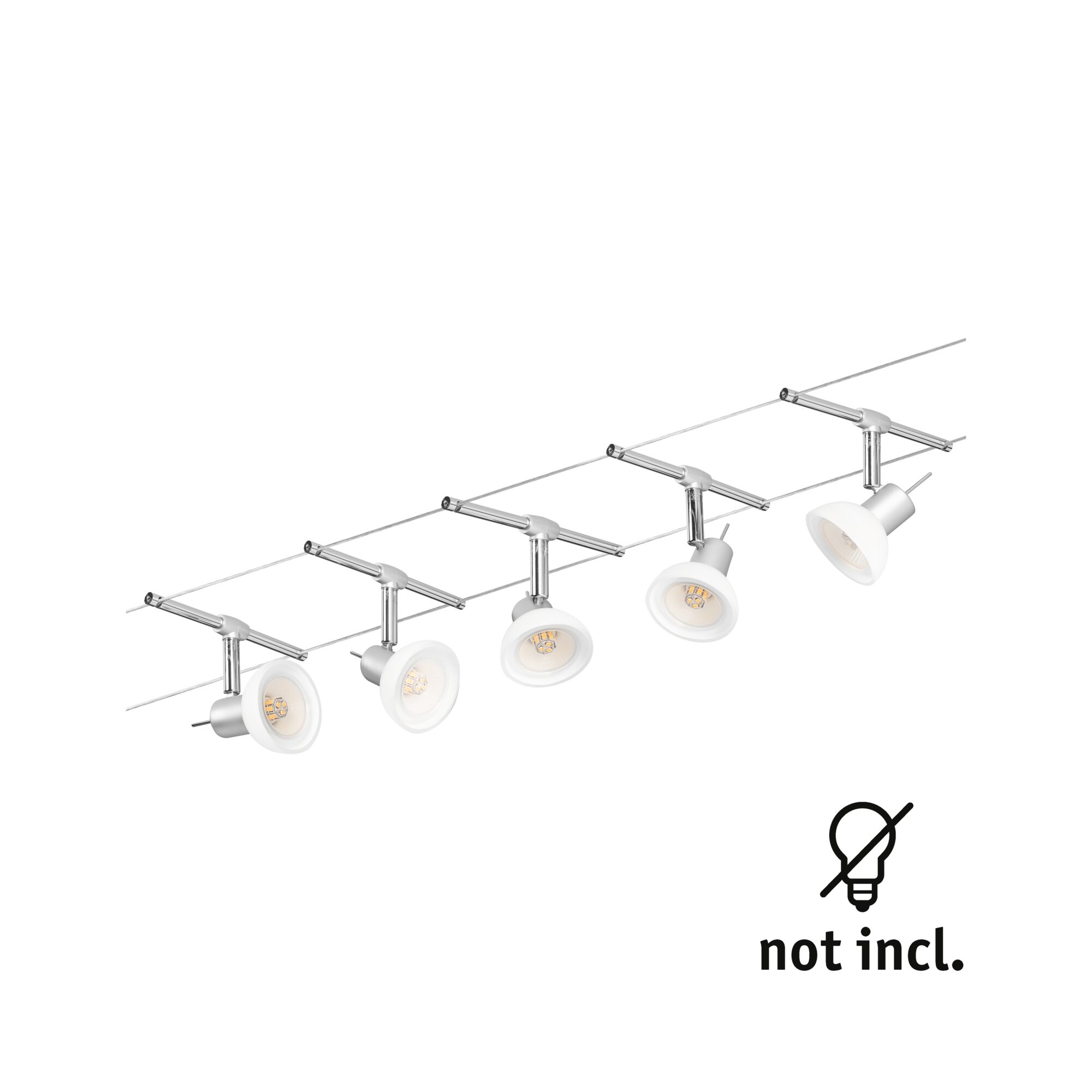 Modern cable spotlight with five white metal LED spots for flexible room lighting