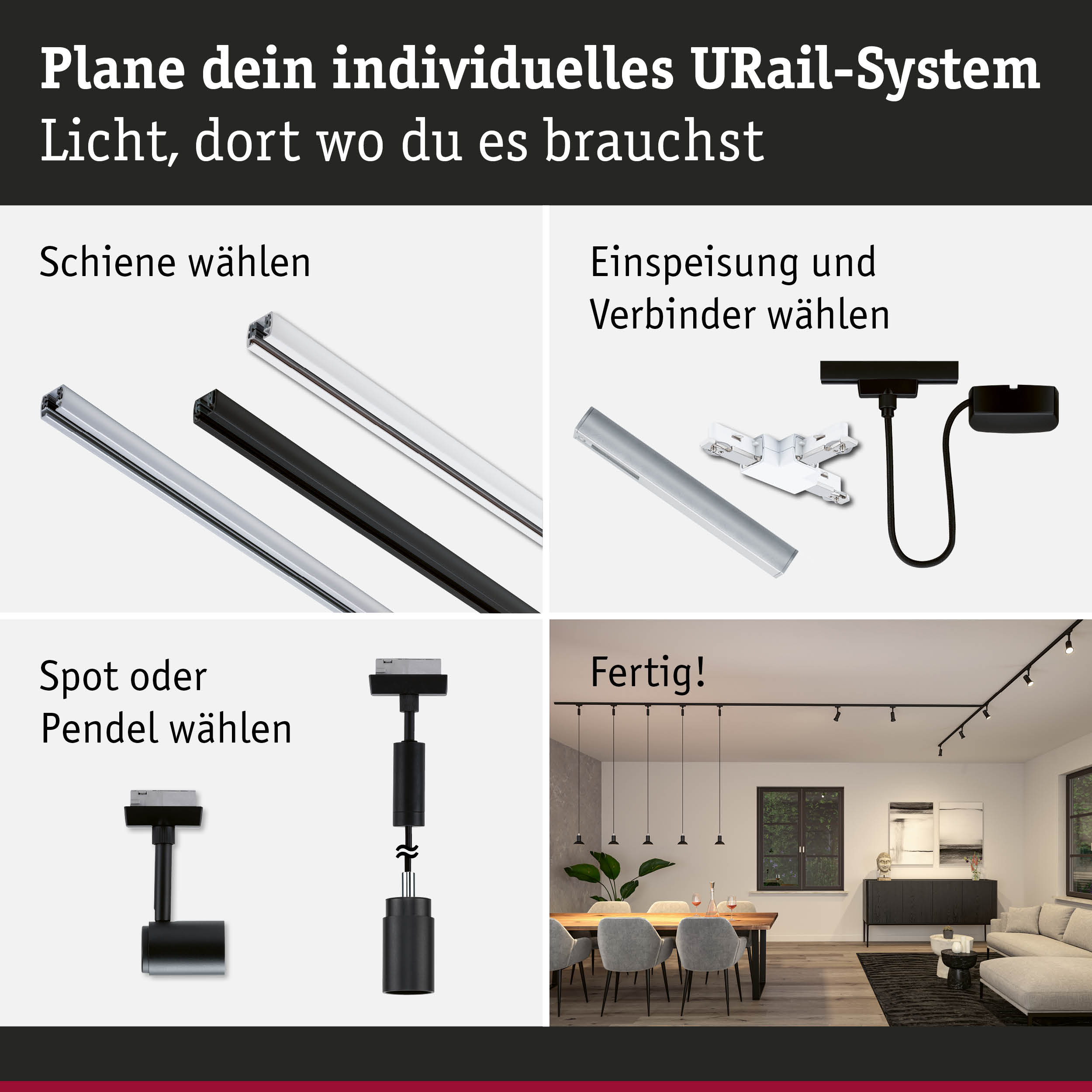 Modulares URail-Schienensystem in Schwarz und Weiß mit Spots und Pendelleuchten für individuelle Beleuchtung