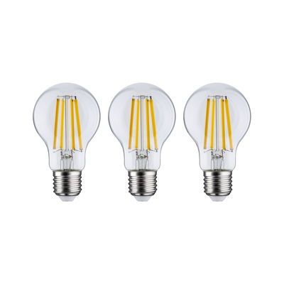 Drei klare LED-Glühbirnen mit sichtbaren gelben Filamenten und E27-Fassung für energiesparende Beleuchtung