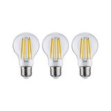 Three clear LED bulbs with visible yellow filaments and E27 base for energy-efficient lighting