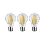 Three clear LED bulbs with visible yellow filaments and E27 base for energy-efficient lighting