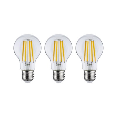 Tre klare LED-pærer med synlige gule filamenter og E27-fatning til energieffektiv belysning