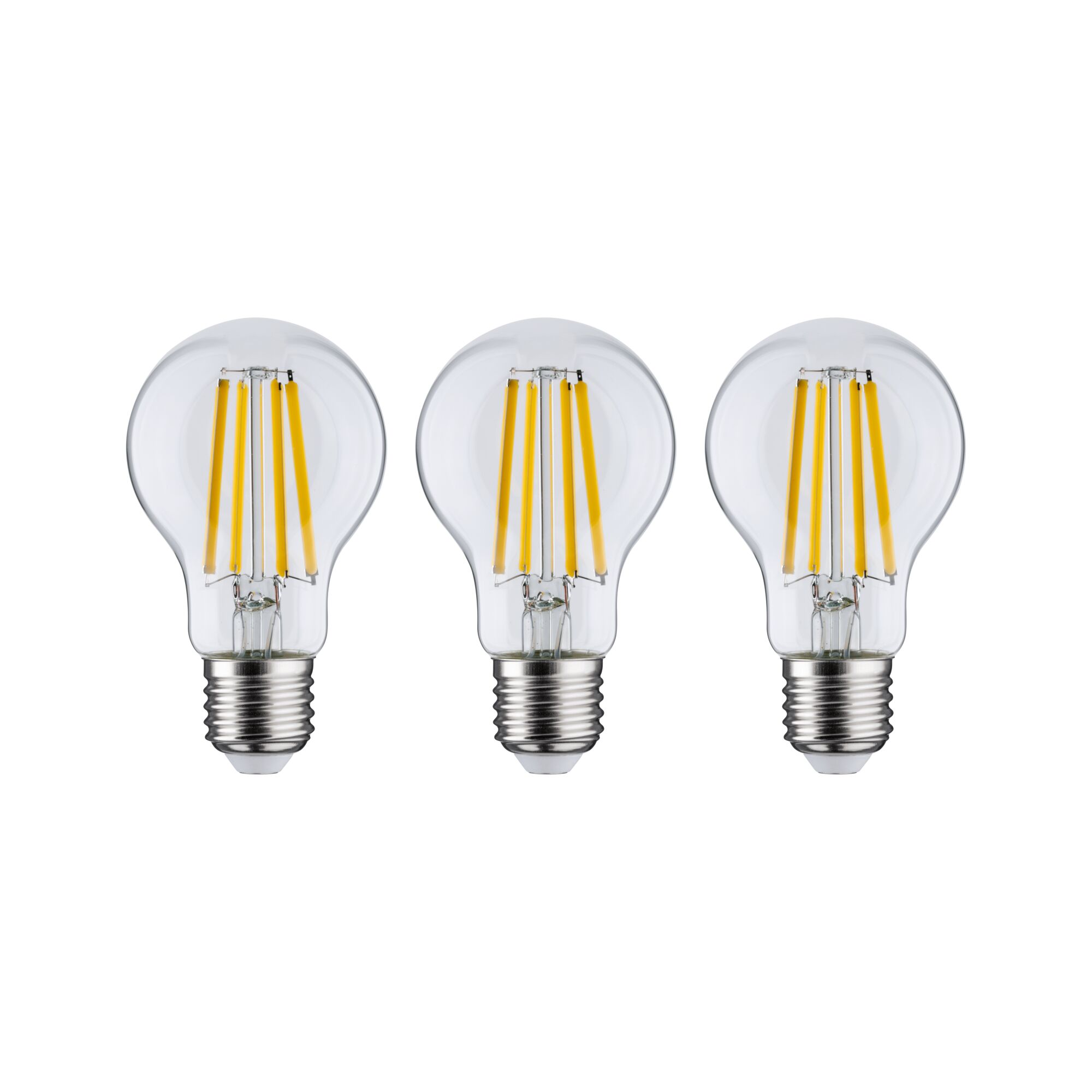 Three clear LED bulbs with visible yellow filaments and E27 base for energy-efficient lighting