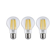 Drei klare LED-Glühbirnen mit sichtbaren gelben Filamenten und E27-Fassung für energiesparende Beleuchtung