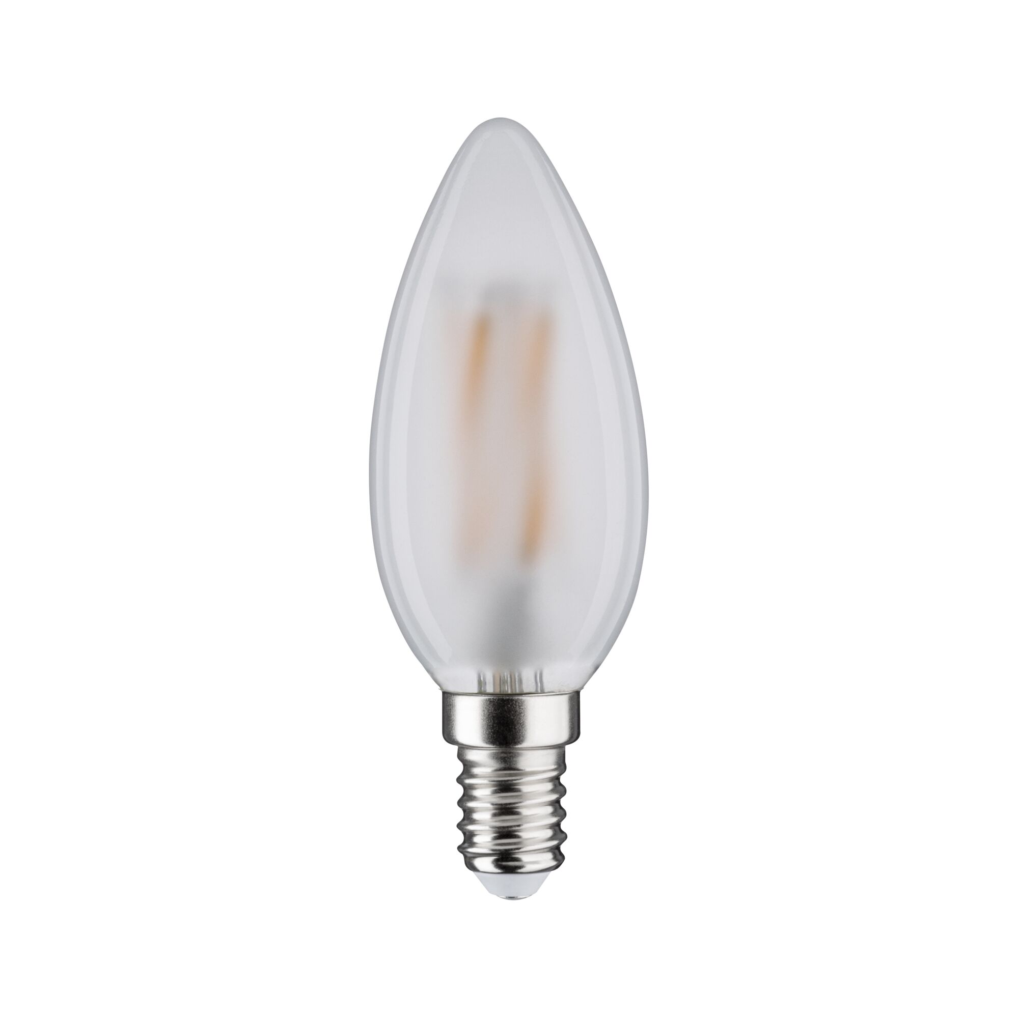 Frosted white LED candle bulb with E14 base and visible filaments for decorative lighting