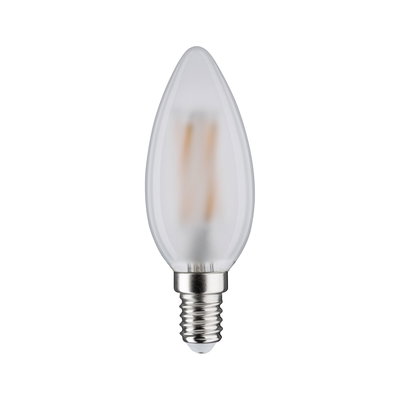 Mattweiße LED-Kerzenlampe mit E14-Fassung und sichtbaren Filamenten für dekorative Beleuchtung