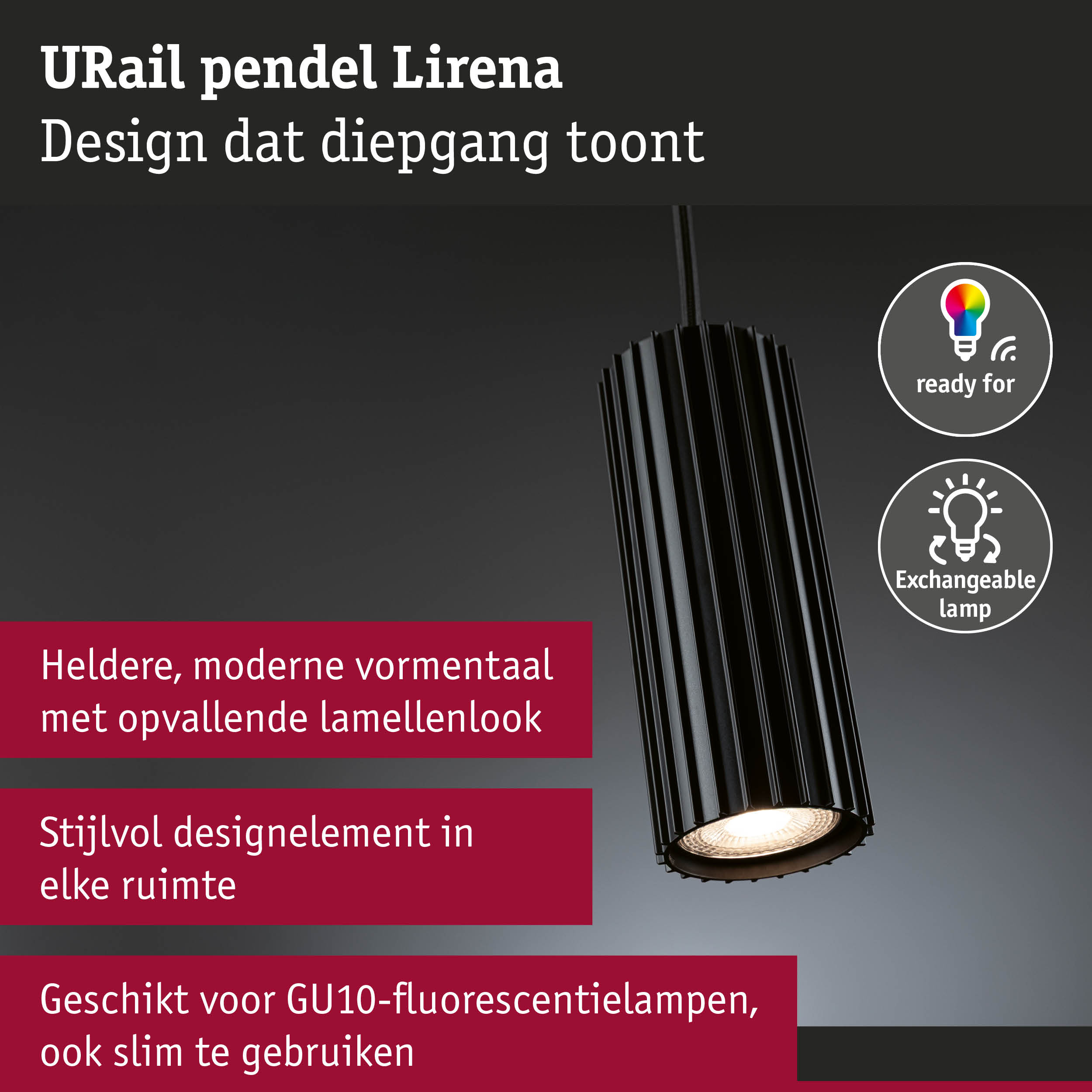 Zwarte URail pendel Lirena met opvallende lamellenlook en verwisselbare GU10-lamp