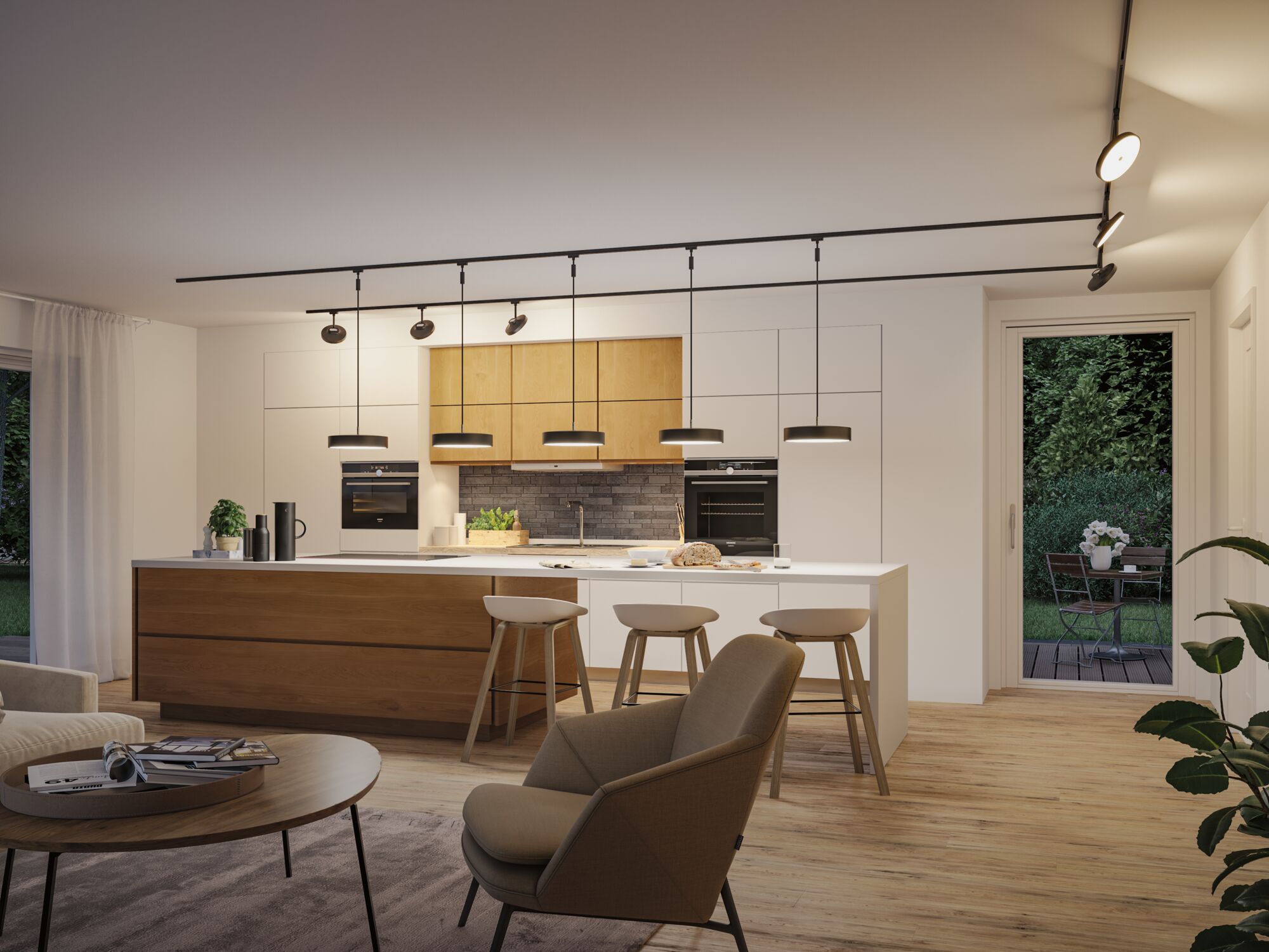 Moderne zwarte metalen hanglampen boven keuken eiland met houten front en witte kasten