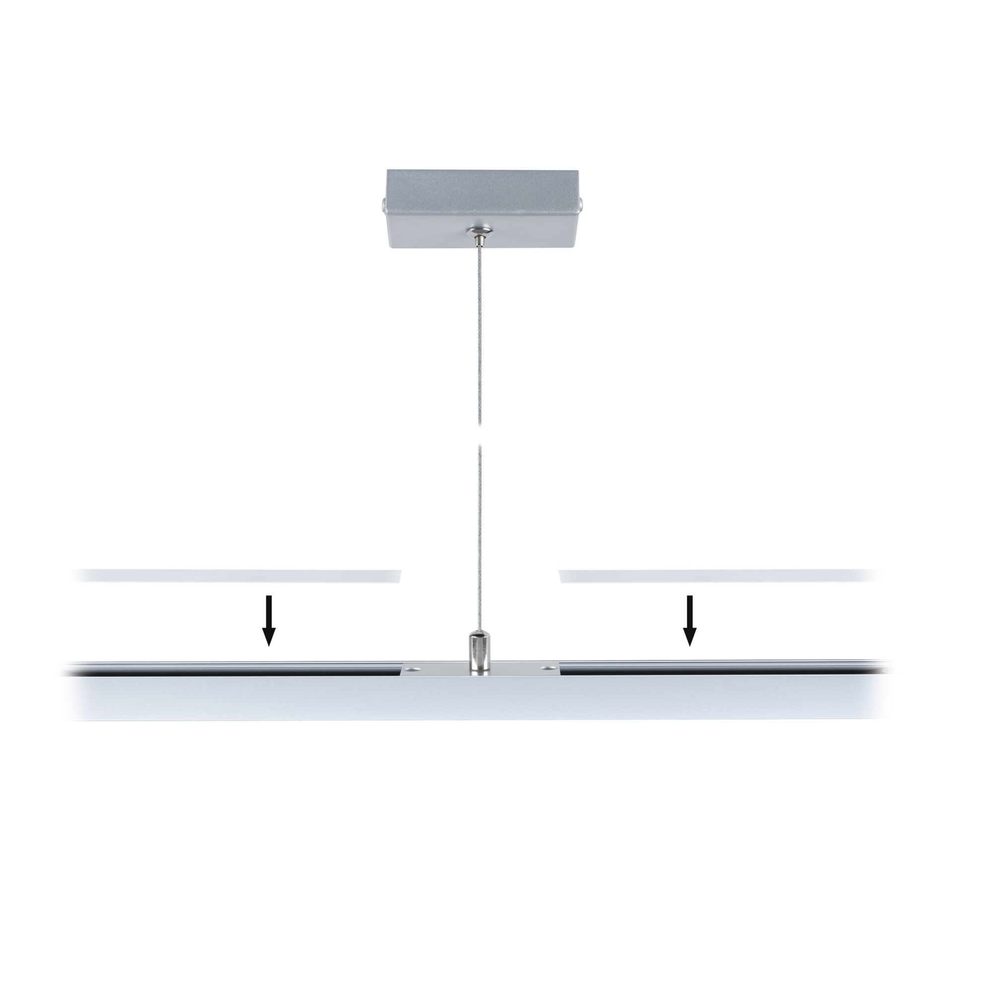 Silberne LED-Pendelleuchte mit Stahlseil und rechteckiger Deckenbefestigung für moderne Innenräume