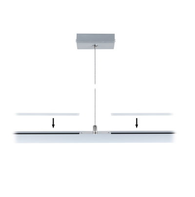 Silver LED pendant light with steel cable and rectangular ceiling mount for modern interiors