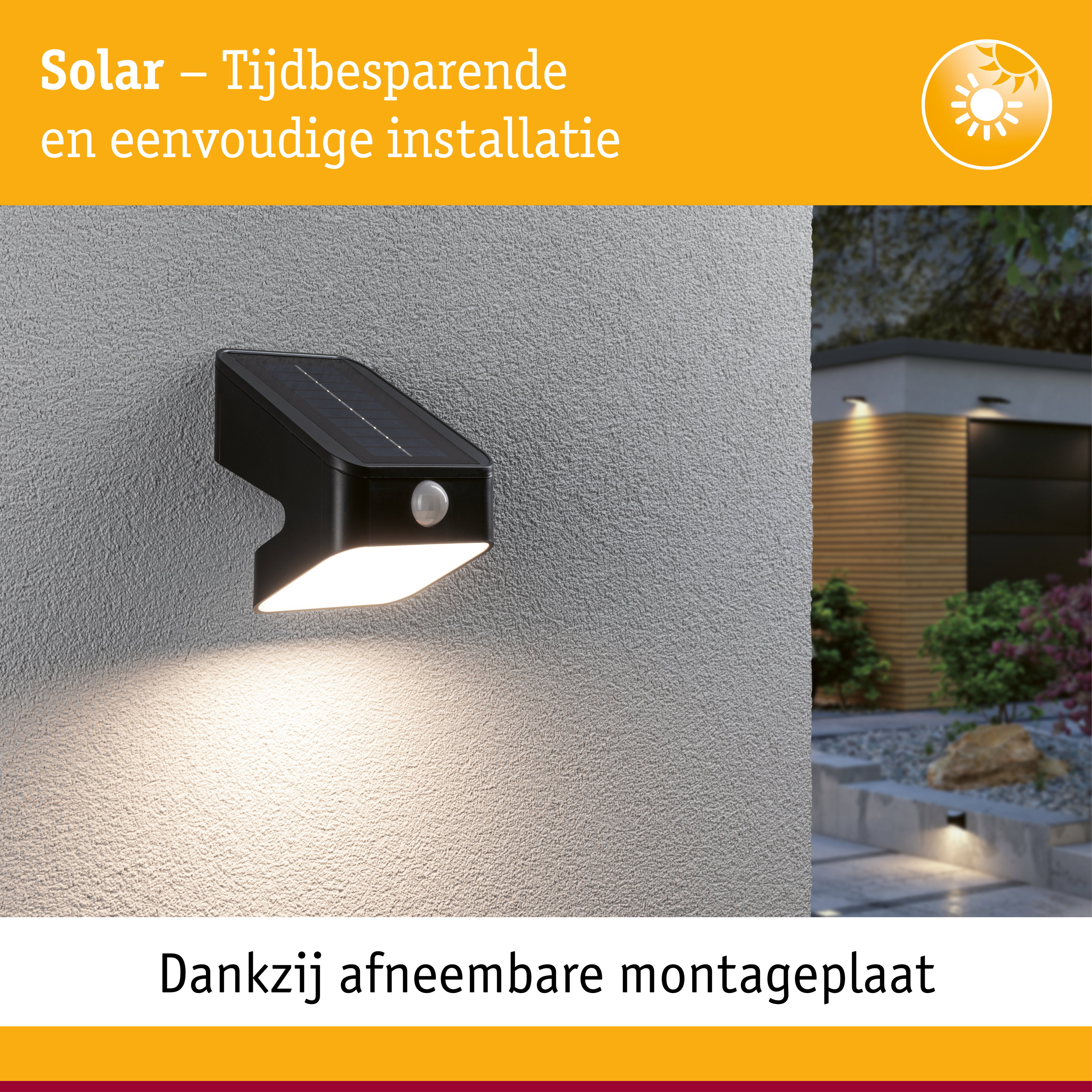 Zwarte solar buitenwandlamp met bewegingssensor op grijze muur, energiezuinige LED-verlichting