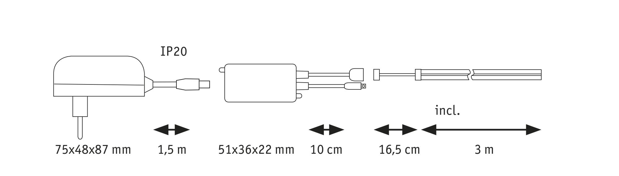 Technical drawing of a power supply with dimensions and cable lengths for LED lighting systems.