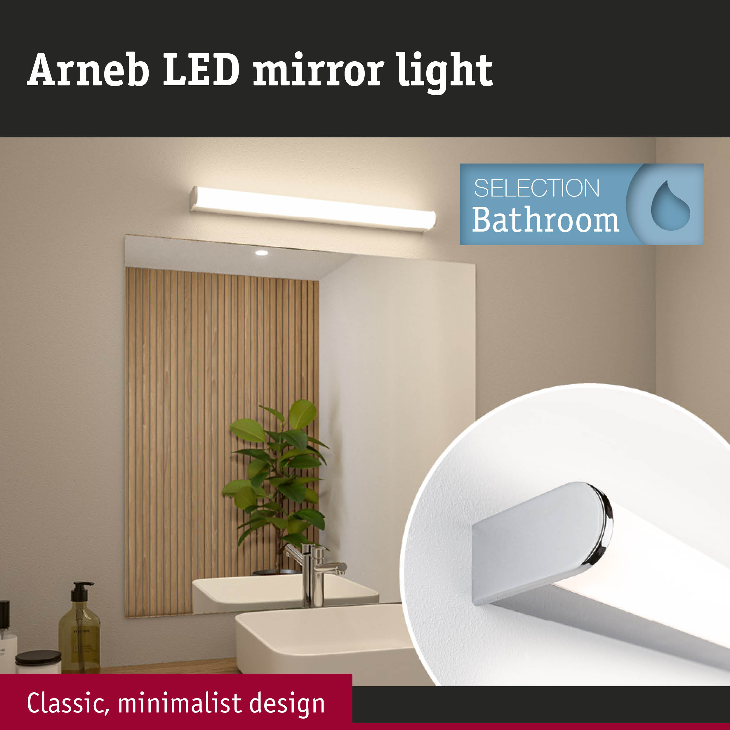 Arneb white LED mirror light with chrome detail for bathroom featuring minimalist design