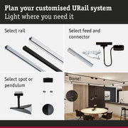 Modular URail track system in black and white with various spot and pendant lights for customizable room lighting