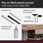 Modulair URail railsysteem met zwarte en witte rails en pendelverlichting voor flexibele lichtoplossingen