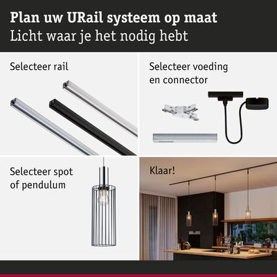 Modulair URail railsysteem met rails, connectoren en pendellampen voor maatwerkverlichting