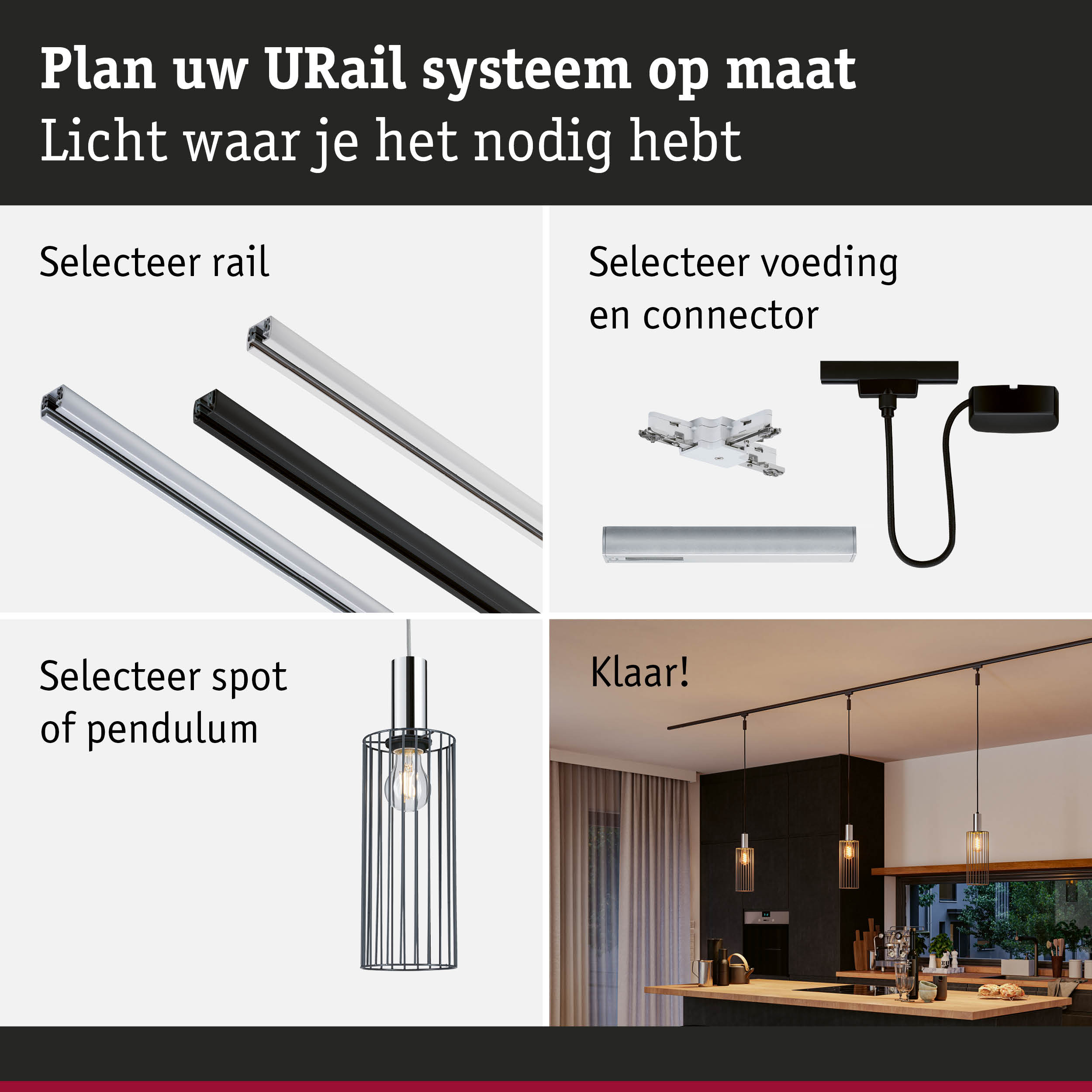 Modulair URail railsysteem met zwarte en witte rails en pendelverlichting voor flexibele lichtoplossingen