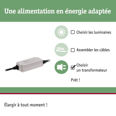 Transformateur blanc pour éclairage LED avec câble, étape pour une alimentation en énergie adaptée