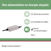 Transformateur blanc pour éclairage LED avec câble noir et instructions en français pour alimentation adaptée