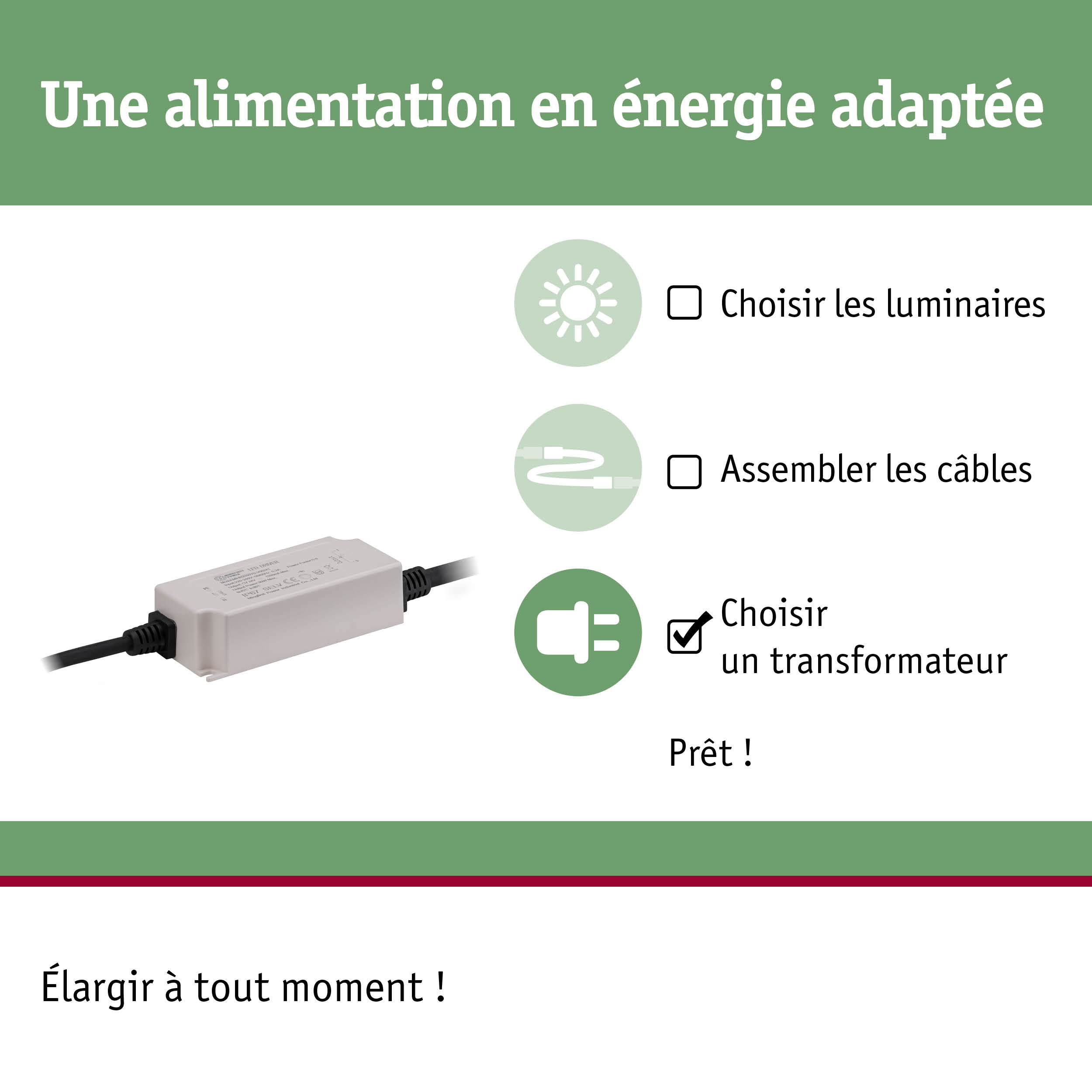 Transformateur blanc pour éclairage LED avec câble noir et instructions en français pour alimentation adaptée