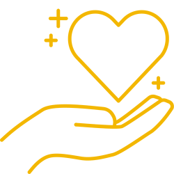 Dessin en ligne jaune d'une main ouverte tenant un cœur avec des étoiles scintillantes symbole de soutien