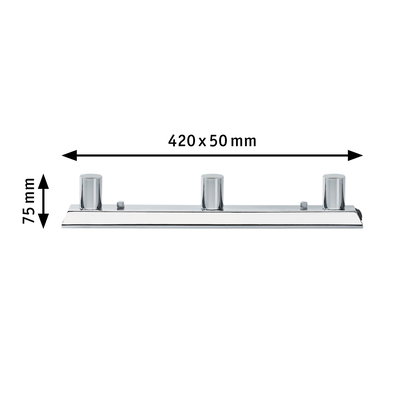 Chrome wall bracket with three round holders, dimensions 420 x 75 mm, for lighting systems