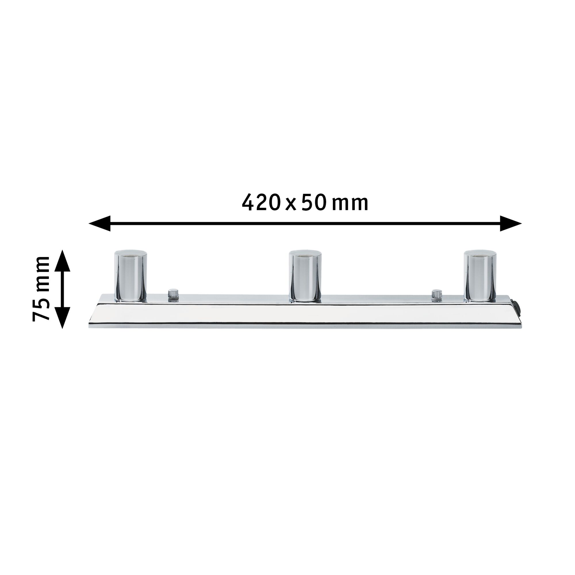 Chroomkleurige wandhouder met drie ronde houders, afmetingen 420 x 75 mm, voor verlichtingssystemen