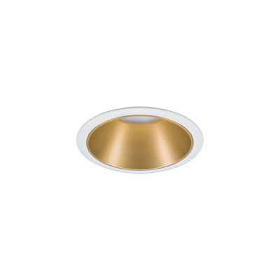 Runder Einbaustrahler mit weißem Rahmen und goldfarbenem Reflektor für moderne LED-Beleuchtung