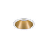 Runder Einbaustrahler mit weißem Rahmen und goldfarbenem Reflektor für moderne LED-Beleuchtung
