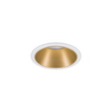 Runder Einbaustrahler mit weißem Rahmen und goldfarbenem Reflektor für moderne LED-Beleuchtung
