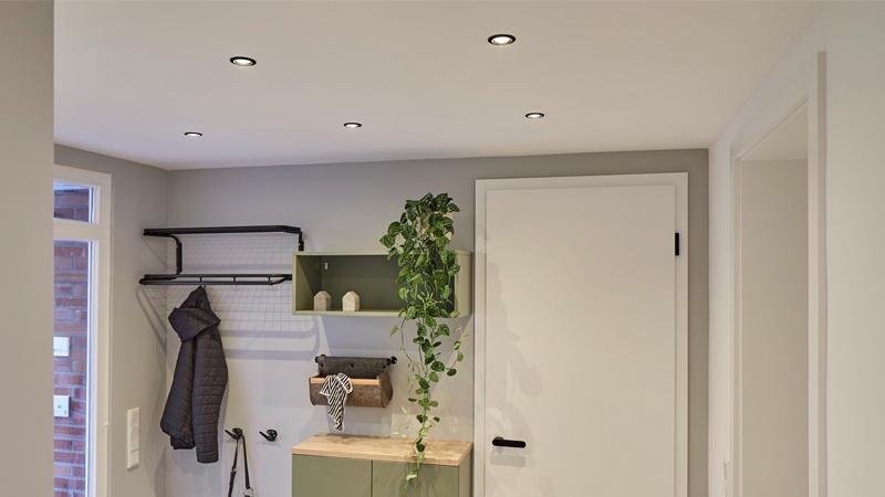 Moderner Flur mit weißen Wänden, grüner Kommode, hängender Pflanze und schwarzen LED-Einbaustrahlern.