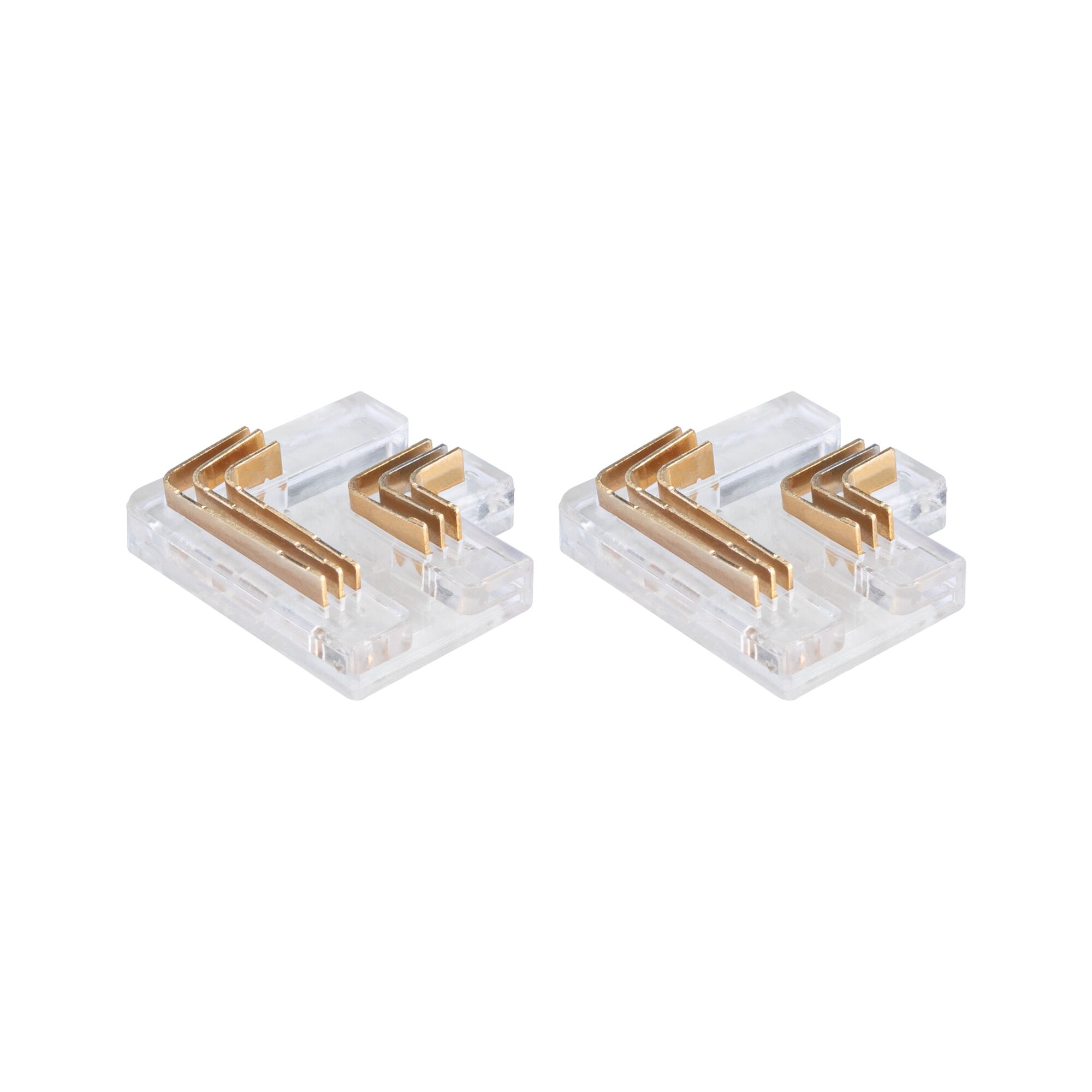 Two clear plastic connectors with gold metal contacts for LED track lighting systems.