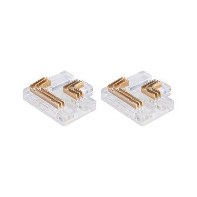 Two clear plastic connectors with gold metal contacts for LED track lighting systems.