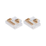 Two clear plastic connectors with gold metal contacts for LED track lighting systems.