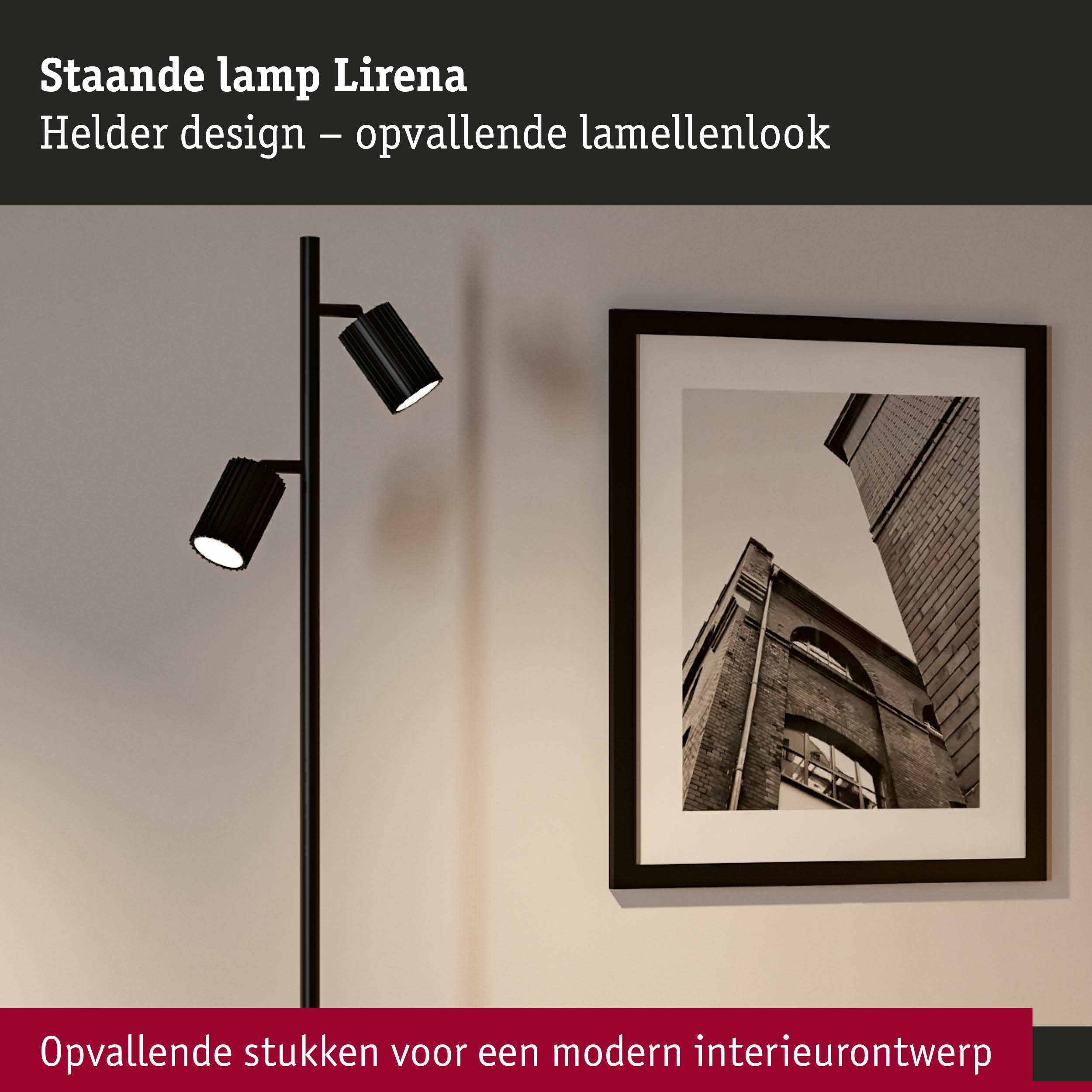 Zwarte staande lamp Lirena met opvallend lamellenontwerp voor modern interieur en sfeerverlichting