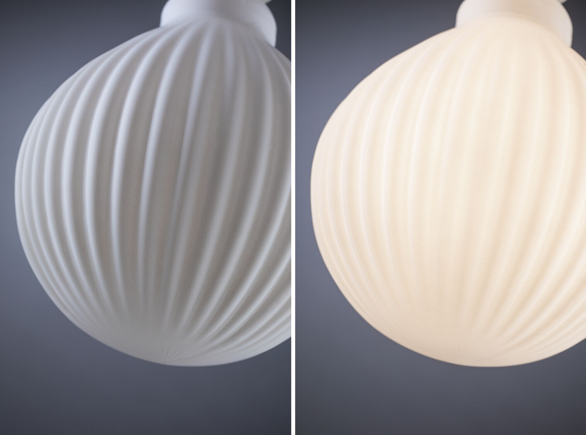 White ribbed glass lampshade close-up, left off, right illuminated, modern lighting design