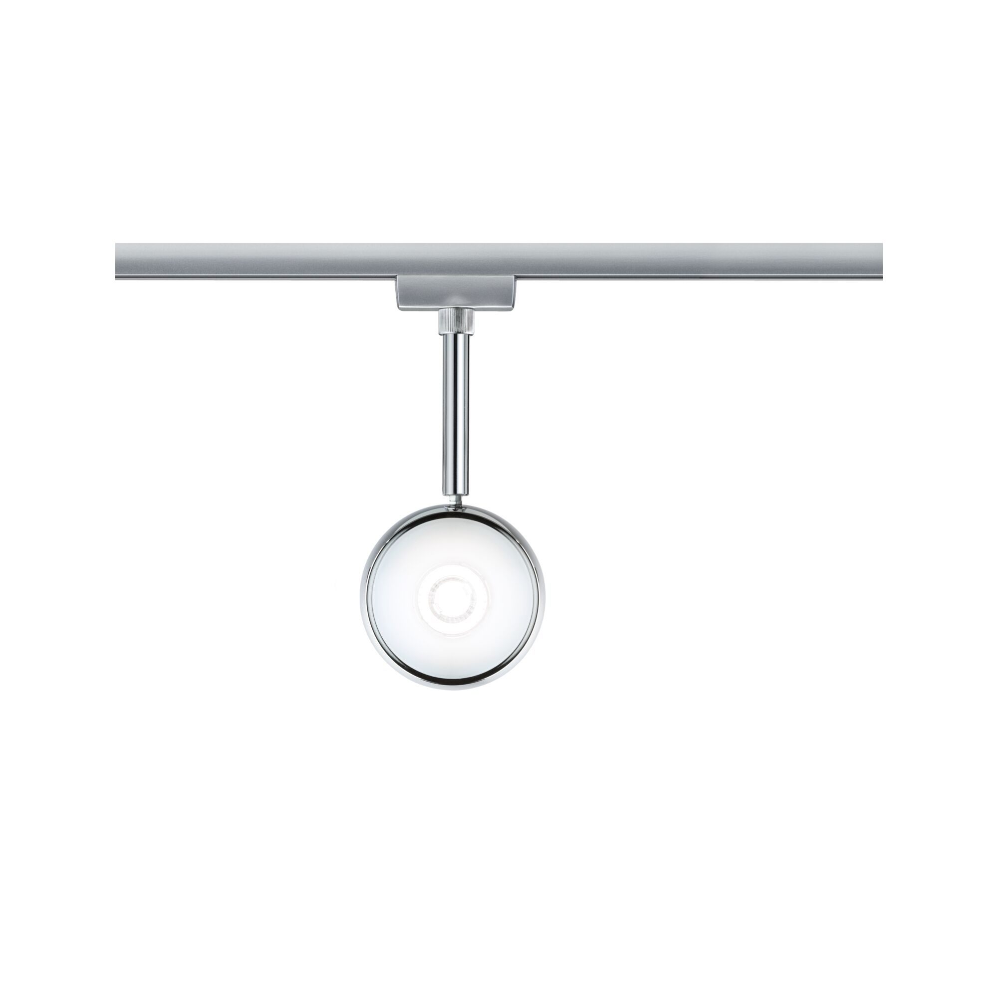 Moderner runder LED-Strahler aus Chrom an Schienensystem für flexible Raumbeleuchtung