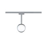 Moderner runder LED-Strahler aus Chrom an Schienensystem für flexible Raumbeleuchtung