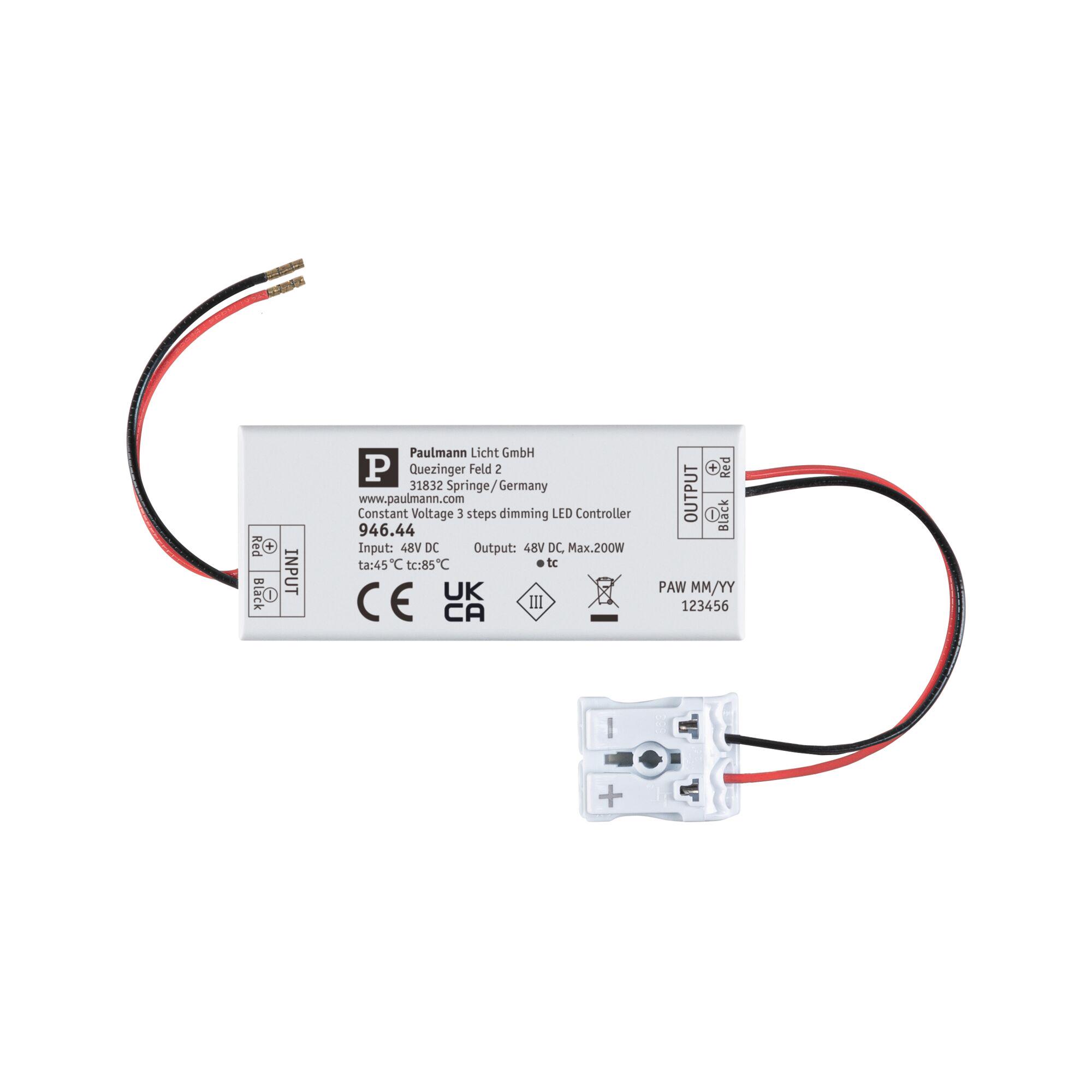 Weißer LED-Dimmer Controller 946.44 mit roten und schwarzen Kabeln für 48V DC Beleuchtungssysteme