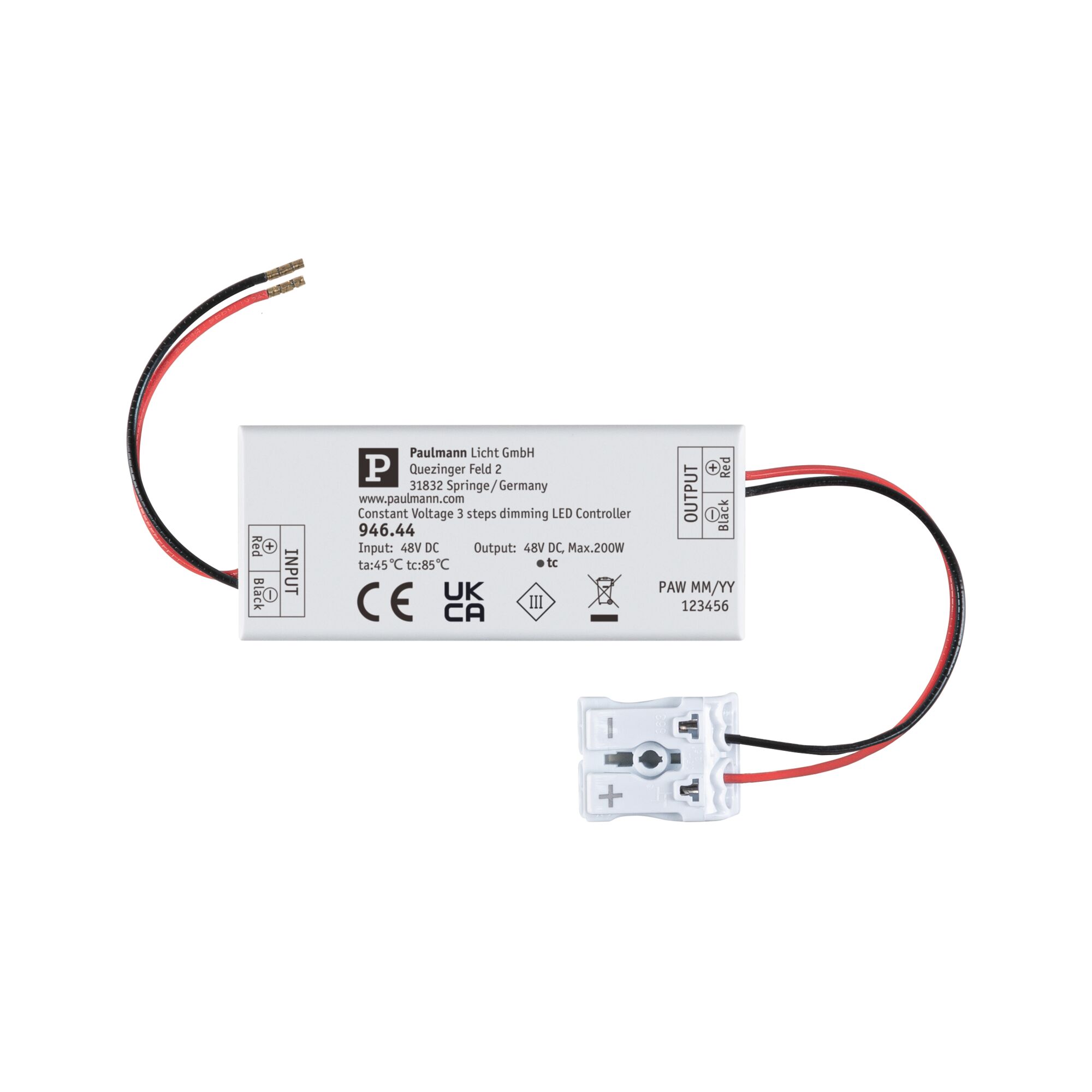 Witte LED dimmer controller 946.44 met rode en zwarte draden voor 48V DC verlichtingssystemen
