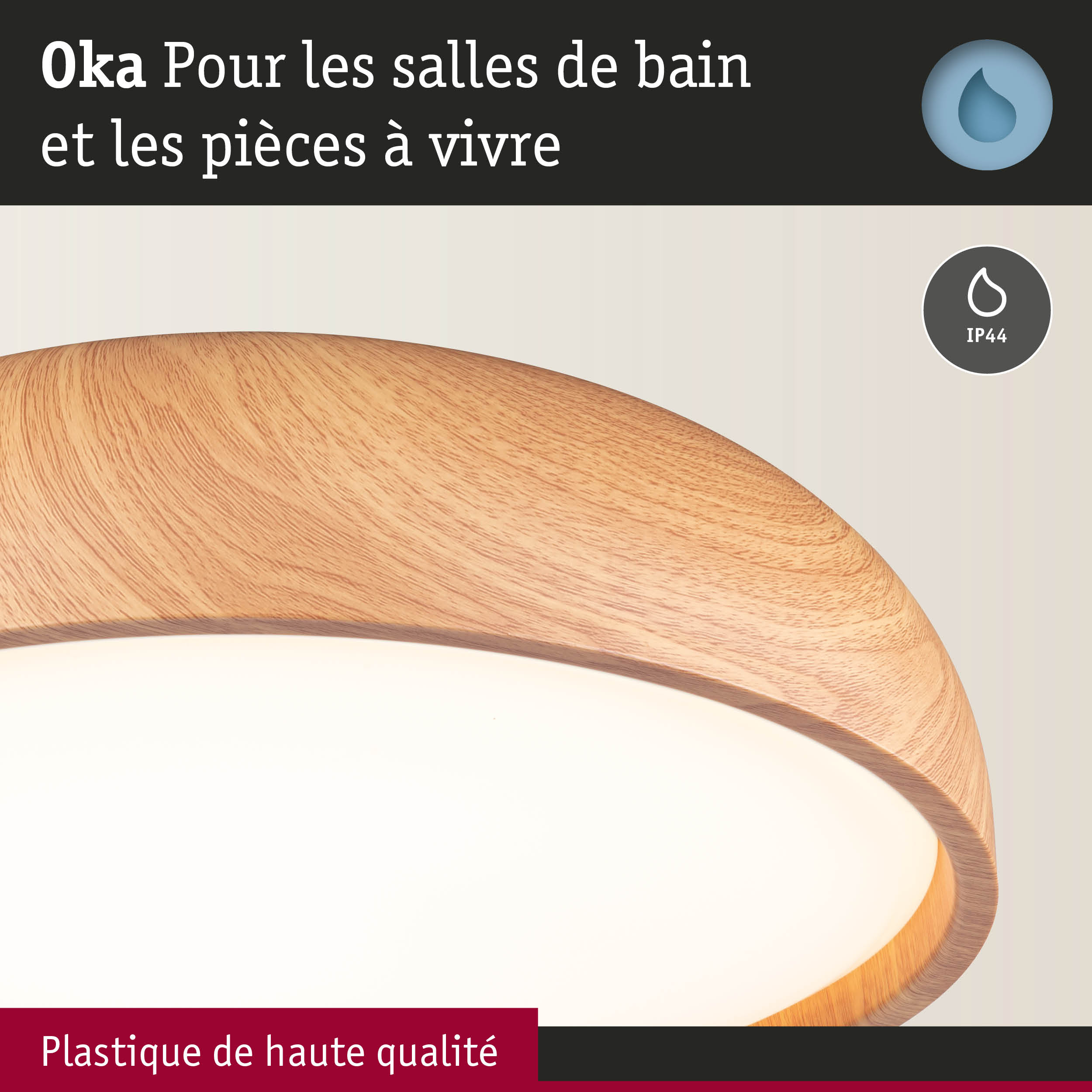 Plafonnier rond effet bois en plastique de haute qualité pour salles de bain et pièces à vivre