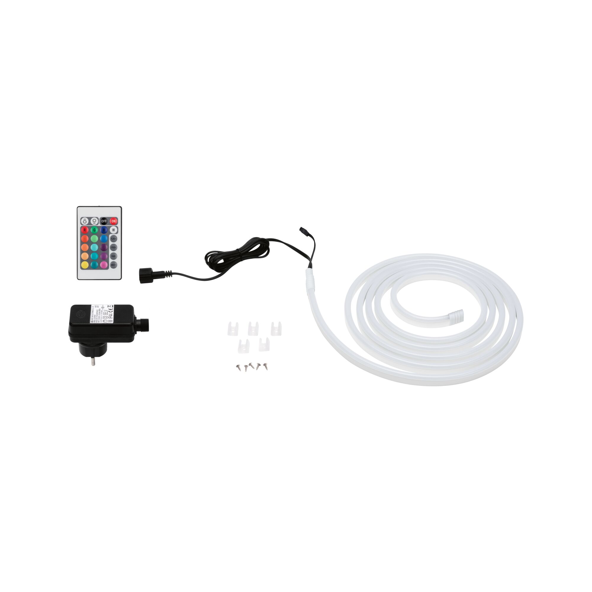 Lumière néon LED blanche avec télécommande, adaptateur secteur et clips de montage pour éclairage flexible