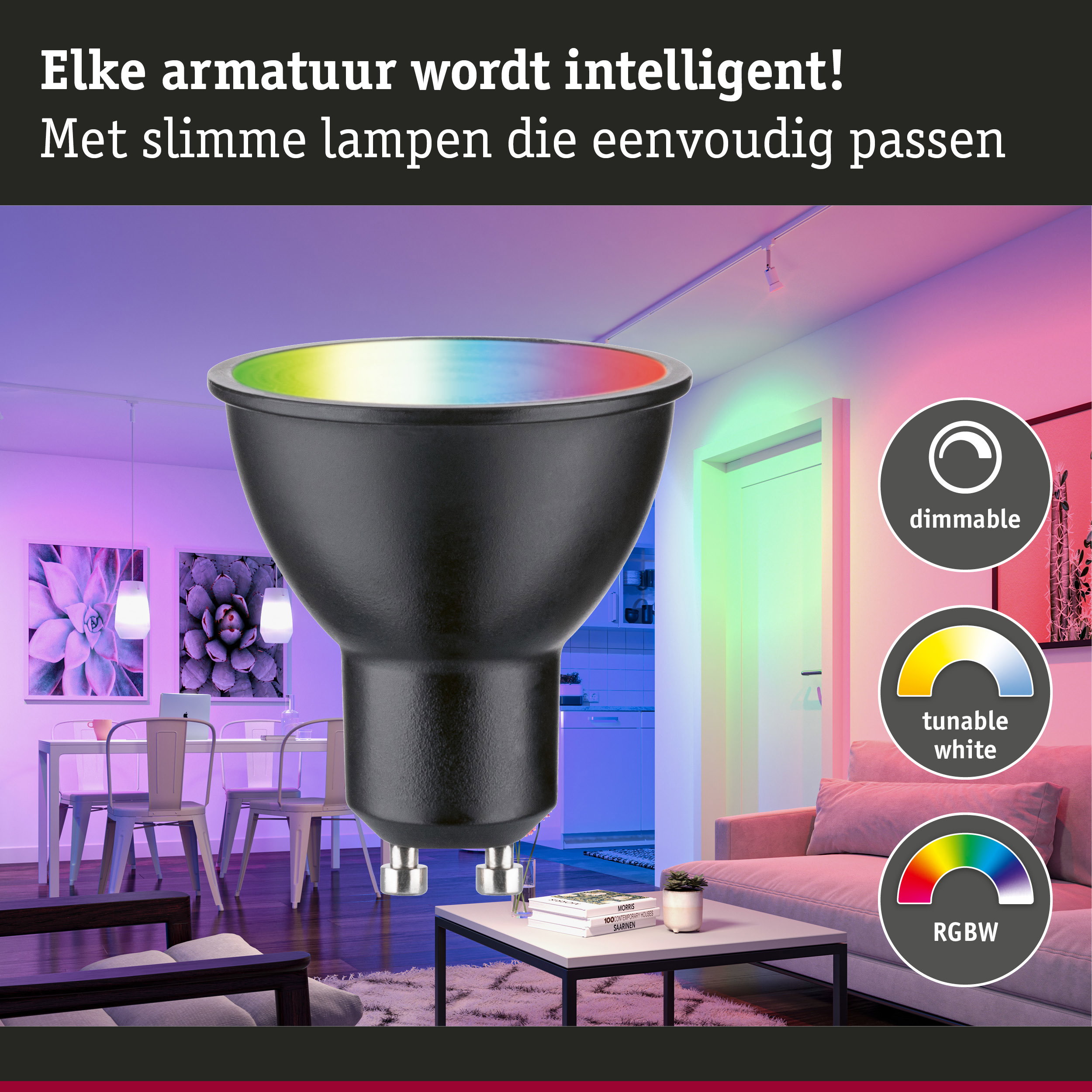 Zwarte slimme LED-lamp met RGBW-kleuren, dimbaar en instelbaar wit voor intelligente verlichting