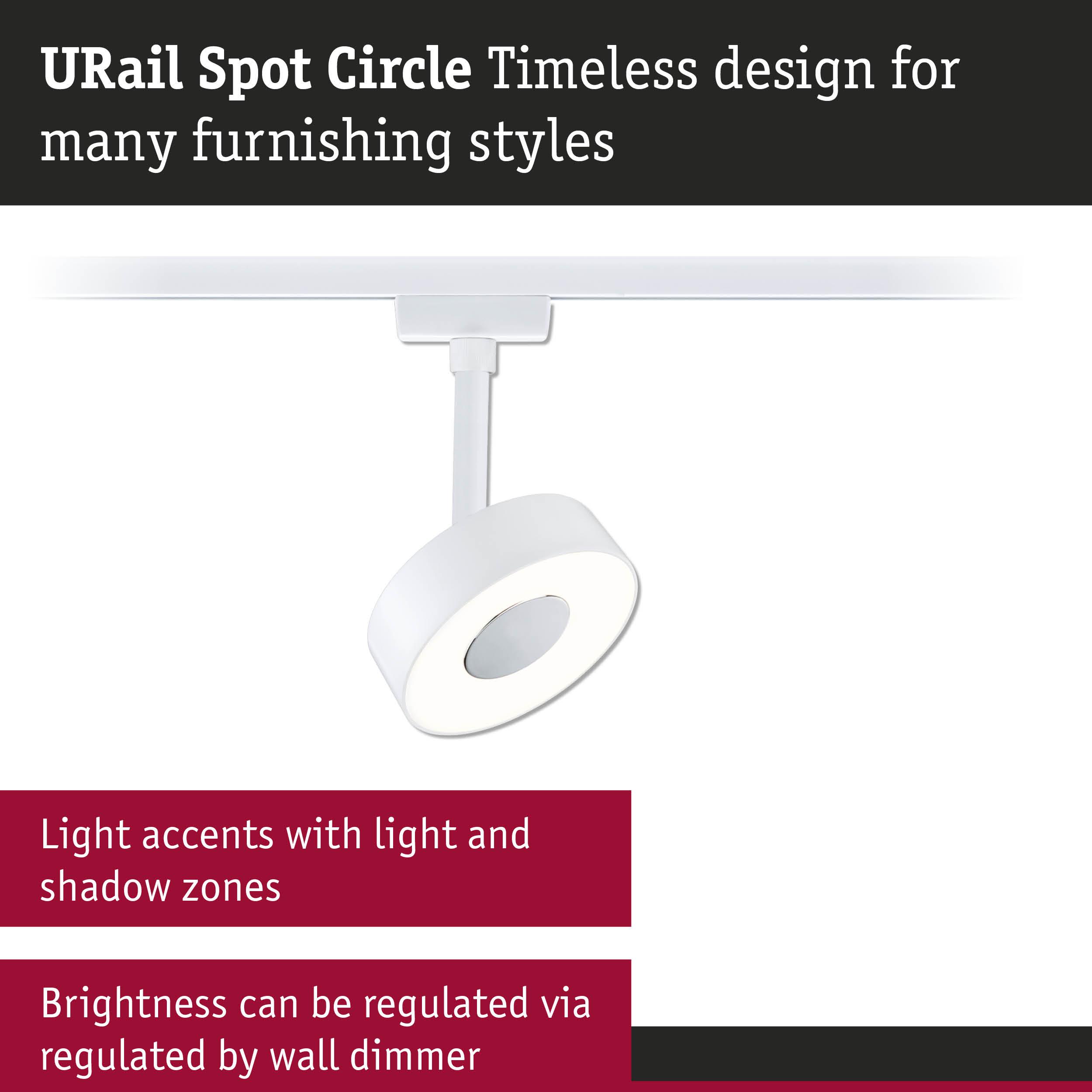 White URail Spot Circle LED spotlight with dimmable brightness for modern light accents