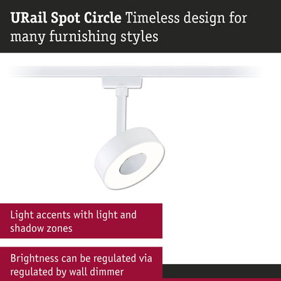 White URail Spot Circle LED spotlight with dimmable brightness for modern light accents