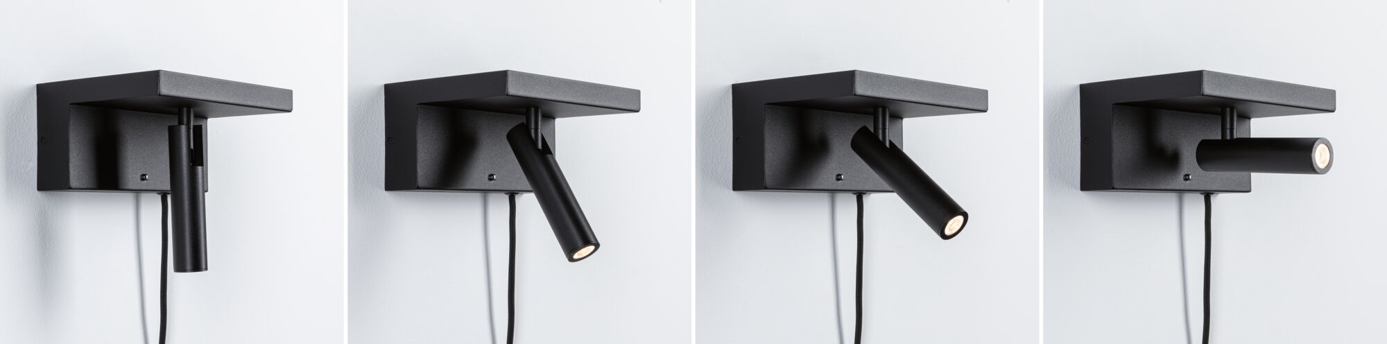 Schwarze LED-Wandleuchte aus Metall mit verstellbarem Zylinderlicht und Textilkabel für modernes Ambiente