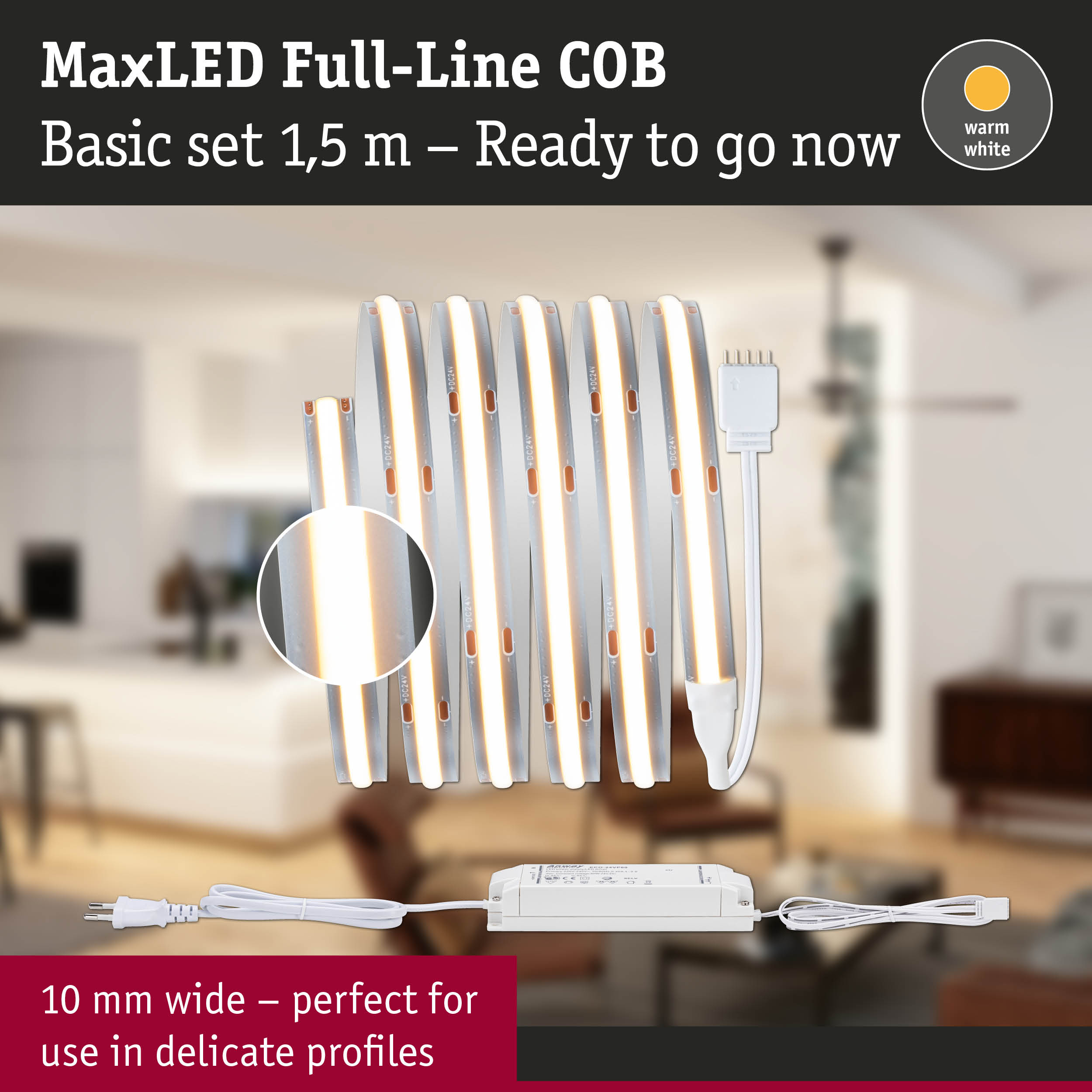MaxLED Full-Line COB warm white LED strip 1.5 m with power supply for delicate profiles