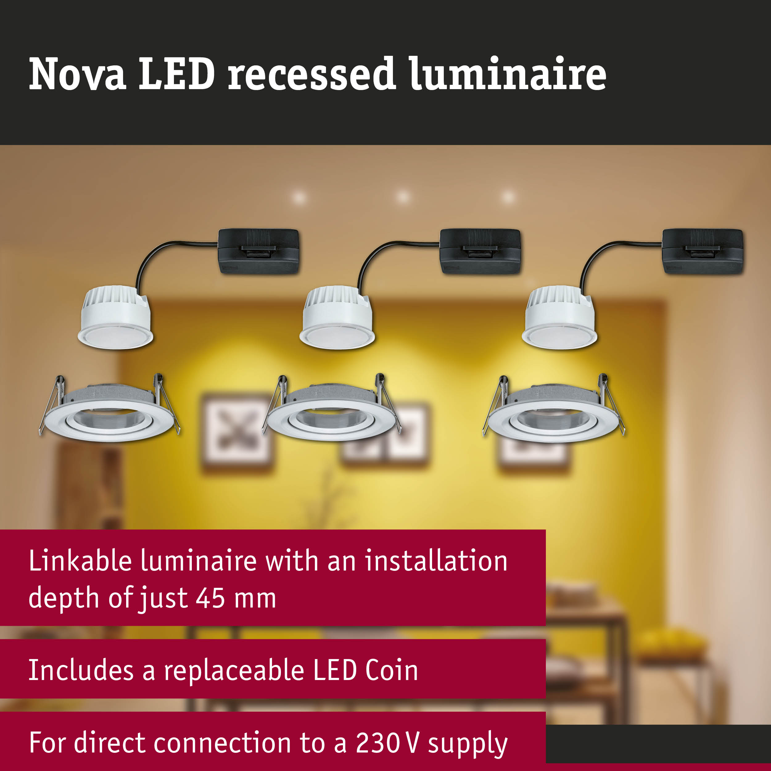 Nova LED recessed luminaire in white plastic with 45 mm installation depth for energy-efficient lighting