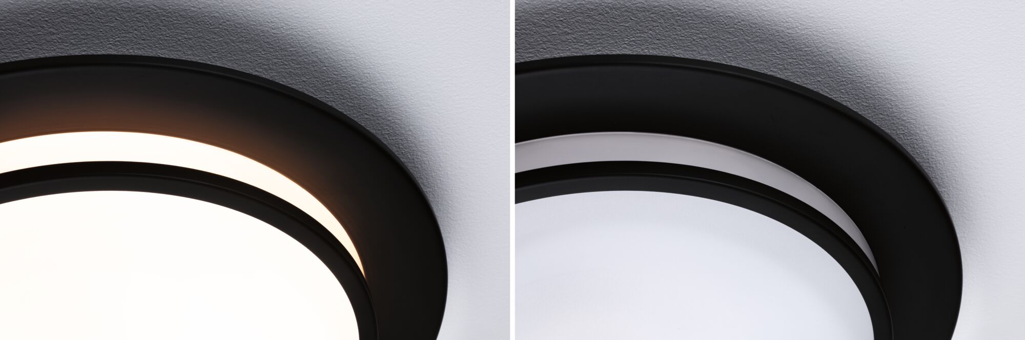 Sort rund loftlampe med varmt og koldt hvidt LED-lys til moderne boligbelysning