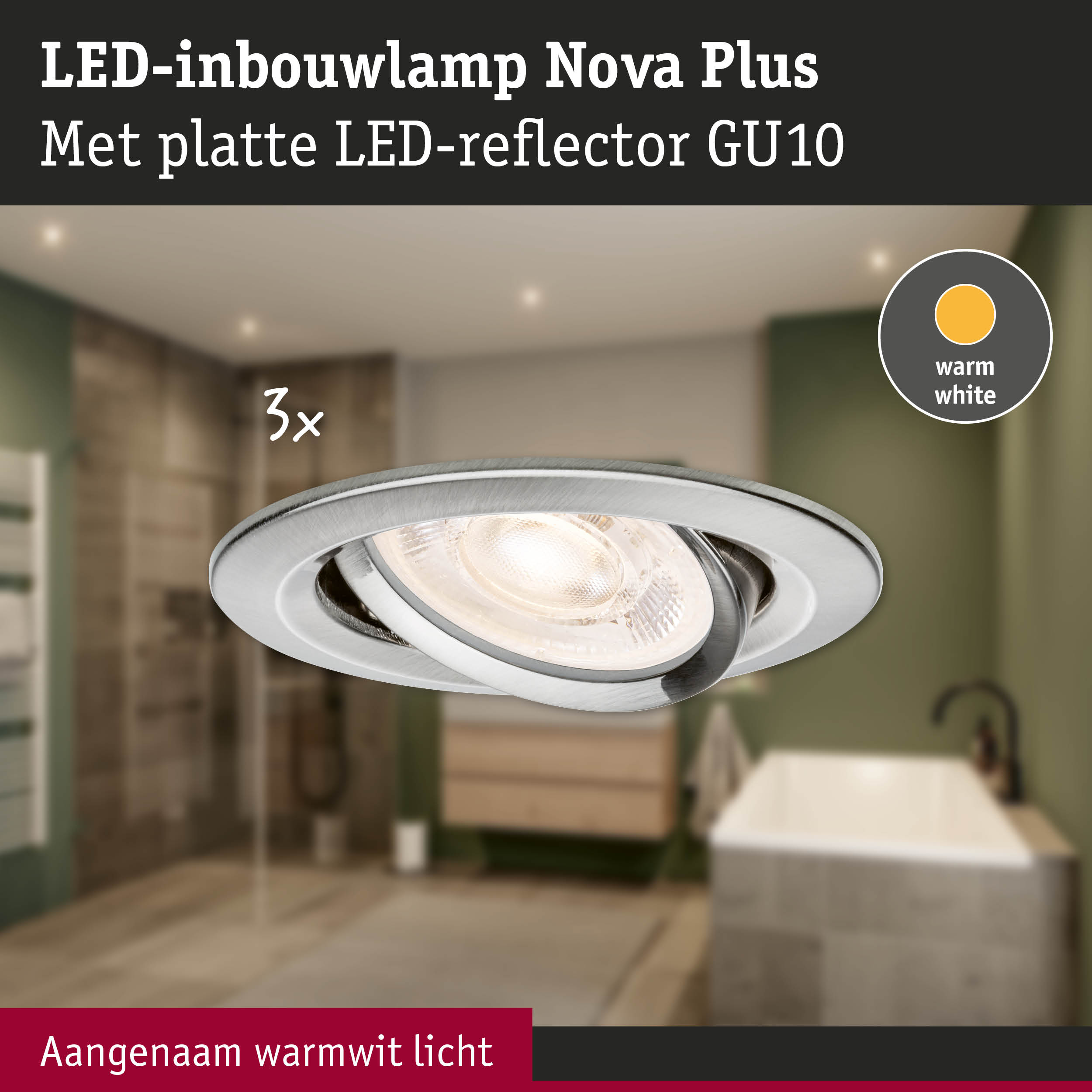 LED-inbouwlamp Nova Plus van zilverkleurig metaal met warm wit licht voor woonruimtes